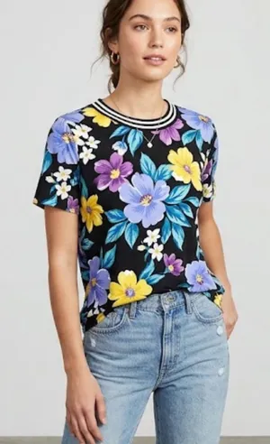 Susan Graver Black Short-Sleeve Tee with Purple, Yellow and Blue Floral Print thumbnail 1
