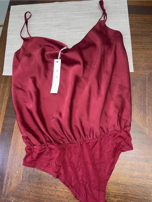 Womens Burgundy Satin Bodysuit Medium NWT Spaghetti Strap Dressy Top thumbnail 1