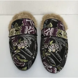 Steve‎ Madden Kaden Mules Women 7.5 Black Floral Brocade Faux Fur Lined KADE01S1 thumbnail 2