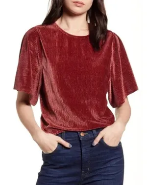 Madewell Texture & Thread Crinkle Velvet Flutter Sleeve Top Dusty Burgundy Med thumbnail 1
