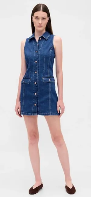 Gap Collared Mini Denim Shift Medium-Wash Casual Dress Women’s Size Medium thumbnail 1