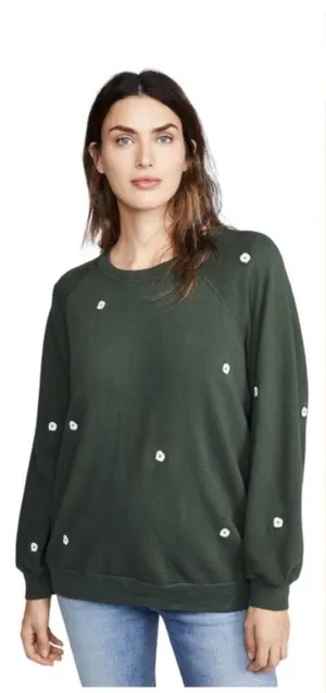 THE GREAT. The College Crewneck Sweatshirt Olive Floral Embroidered Women’s 0 XS thumbnail 1