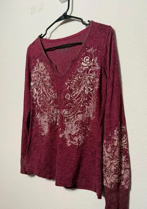 Y2K Soft Grunge Burgundy Long Sleeve with Rhinestone thumbnail 1
