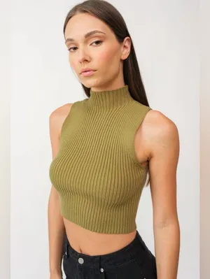 Zara Sleeveless Mock Neck Ribbed Crop Sweater - Olive Green Sleeveless Preppy S thumbnail 2