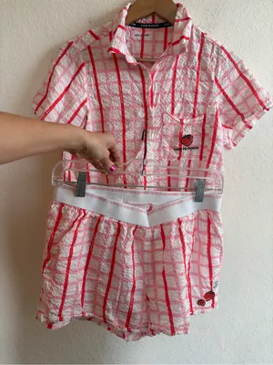 Life is Good pink-and-white checked short pajama set embroidered strawberry thumbnail 1