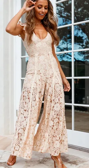NWT Selfie Leslie Take Note Laced-Back Frill Shoulder Lace Jumpsuit Nude boho jumpsuit thumbnail 1