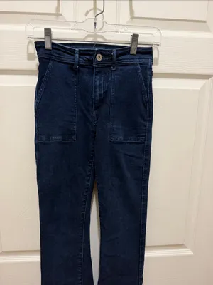 Morrison High-Rise Dark Blue Trucker Utility Straight Leg Slight Flare Jeans 24 thumbnail 3