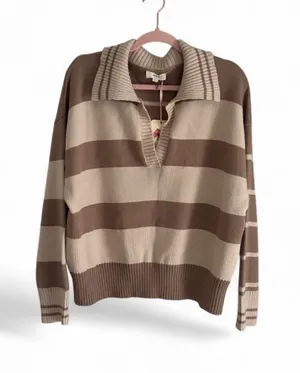 Entro Striped Collared Pullover Sweater Beige & Brown Polo Collar Knit Top Sz L thumbnail 1