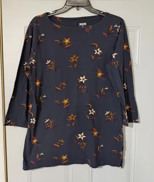 Duluth Trading Co Floral Knit 1/4 Sleeve Pullover Tunic Round Neck Medium Fall Blue thumbnail 1
