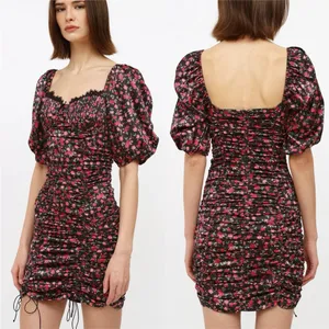 For Love & Lemons Melrose Ruched Puff Sleeve Mini Dress‎ Satin Multicolor Size M thumbnail 2