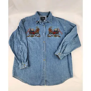 Vintage Embroidered Holiday SOFT Denim Shirt Reindeer Sleigh Bear Teacher Large thumbnail 15