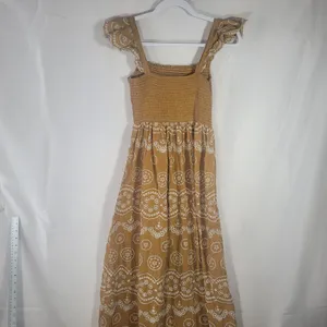 Rebellion Rebellious One Boho Embroidered Cotton Smocked Maxi Dress Mustard Yellow Jr M thumbnail 2