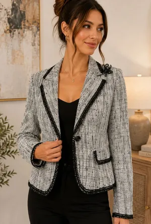 Bergamo Studio Tweed Blazer Jacket Black White Sequin Trim Size 6 thumbnail 1