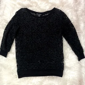 American Dream Black Floral Lace Sheer Mid Sleeve Top thumbnail 1