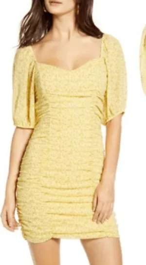 All In Favor Sasha Floral Ruched Mini Dress Yellow Puff Sleeve L NWT thumbnail 1