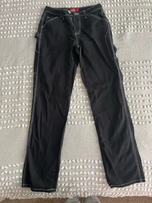 Dickies Cargo Black Straight-Leg Pants with White Stitching and Side Pockets thumbnail 1