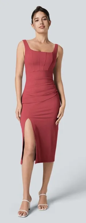 NWT Halara Softlyzero Airy Ruched Midi Dress Square Neck Slit Terracotta L thumbnail 1