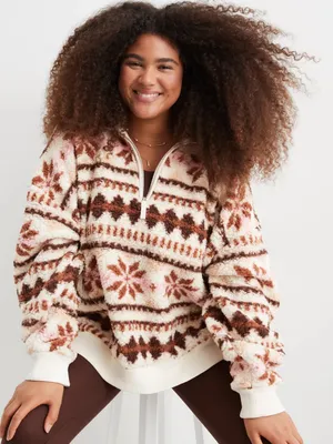 Aerie Hometown Festive Fleece One-Quarter Zip Sweatshirt W2481 Sz S thumbnail 1