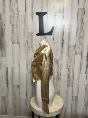 SHEIN Champagne Gold Satin Button Down Crop Top Womens Large Corset Hem Blouse thumbnail 2