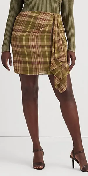Lauren Ralph Lauren Plaid Ruffle-Trim Georgette Skirt Green Farm Olive 10 NWT thumbnail 1