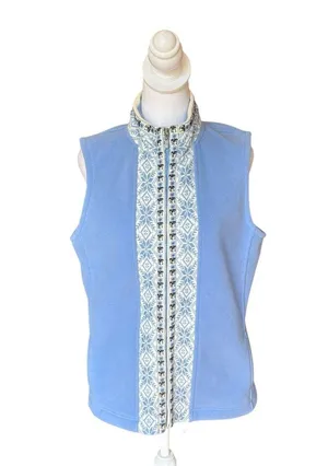 LL Bean Vest Jacket Blue Nordic Snowflake Fleece Mock Neck Full Zip Womens Med thumbnail 1