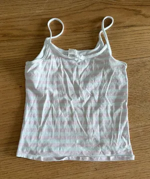 Frankie's Bikinis Striped Spaghetti Strap Tank Top in White and Light Pink thumbnail 1