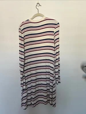 EUC Arizona Striped Long-Sleeve Knit Dress - Cream with Navy & Burgundy Stripes thumbnail 3