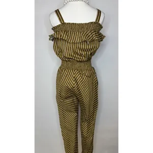 RW&A Rwanda Clothing Women Olive Striped Cold Shoulder Smocked Waist Jumpsuit thumbnail 6