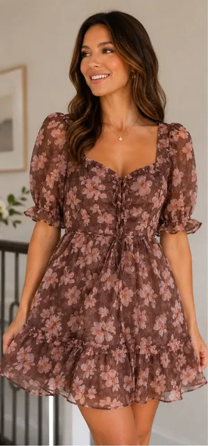 Storia Floral Chiffon Mini Dress Puff Sleeve Cottagecore Romantic NWT Medium thumbnail 1