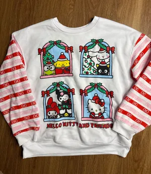 Sanrio Hello Kitty and Friends Christmas Sweatshirt White Red‎ Stripe Womens L thumbnail 1