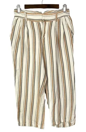 Free People Beige &‎ Orange Stripe Pleated Cropped Linen Trousers 2 thumbnail 1