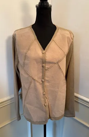 NWT VTG Selene Sport Cardigan Leather Patchwork Wool Blend Deadstock Mix Media thumbnail 1