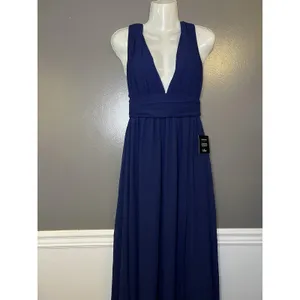 Lulus Dress Womens XS Blue Chiffon Plunge V Neck Maxi Side Slit Formal Gown thumbnail 2