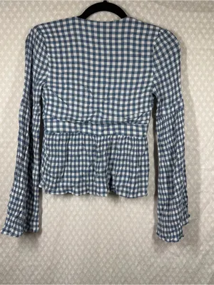 Vici Blue White Gingham Flare Long Sleeve Cropped Top thumbnail 6