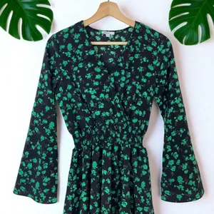 ASOS Subdued Emerald Leaf Floral Print Ruffle Tiered Flare Sleeve Dress thumbnail 6