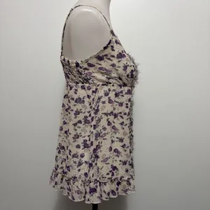 Express Floral Camisole Medium Purple Ruffle Fringe Smocked Babydoll Top Fairy thumbnail 4