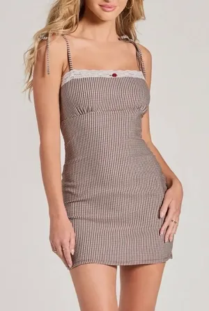 Windsor Plaid Mini Dress S Coquette Lace Rosette Bow Tie Straps Romantic Y2k thumbnail 1