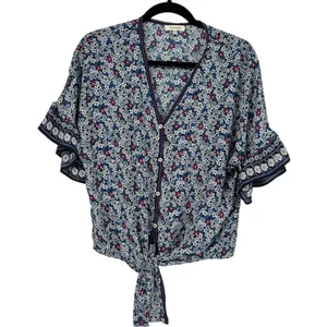 Max Studio Ditsy Floral Blue & Pink Flared Sleeve Tie Front Blouse S thumbnail 1
