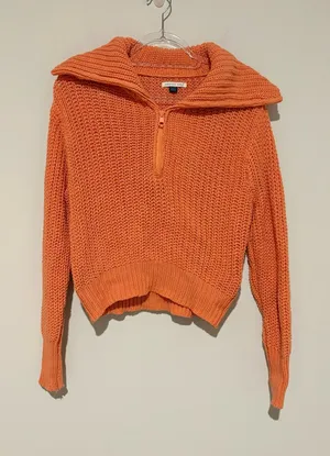 American Eagle Cropped Pullover Chunky collared quarter zip‎ sweater orange XS thumbnail 1
