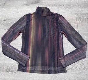 Bailey 44 Women‎ Small Sheer Mesh Mock Neck Top Abstract Stripe Small Brown thumbnail 1