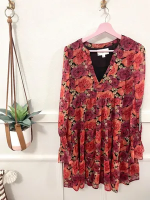 NWT Tuckernuck Pomander Place Rose Chiffon Kenzo V-Neck Tiered Layers Dress L thumbnail 2