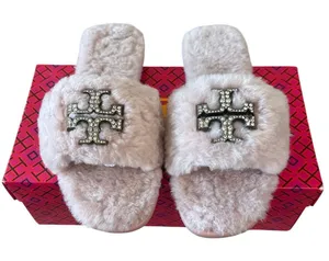 Tory Burch Everly Jeweled Shearling Slides Meadowsweet Pink Sz 8.5 thumbnail 1