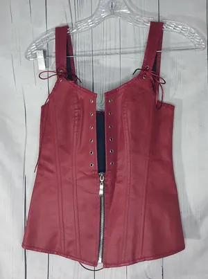 Charmian Renisssnce Red Faux Leather With Boning Corset Top with Zipper And Lace thumbnail 1