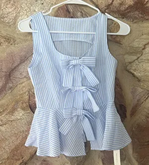 Commense Striped Peplum Top With Bow Details XS White thumbnail 3