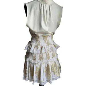 Cotton Mini Skirt Boho White Gold Lurex Smocked Romantic Size L Chloe Laetitia thumbnail 8