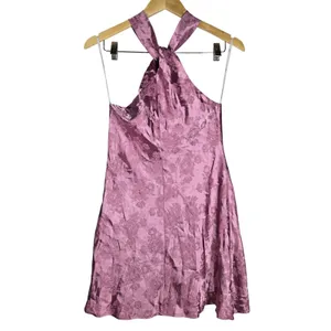 Lulus Got the Key Mauve Satin Floral Jacquard Halter Mini Dress CJD109045 S thumbnail 4