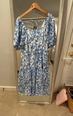 THML Blue and White Floral Puff Sleeve Tiered Midi Dress WCT2010-BL thumbnail 1