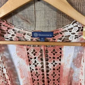 Democracy Tie Dye Crochet Kimono 1X Plus Lace Duster Swim Cover Up Pink Orange thumbnail 7