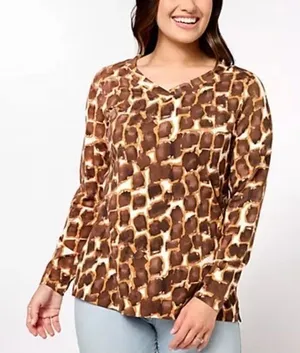 Belle by Kim Gravel Medium Brown White Animal Print Long Sleeve V‎ Neck Blouse thumbnail 1