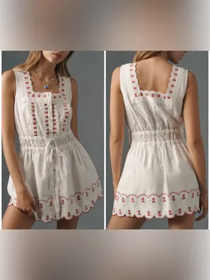 NWT Anthropologie Damson Madder Amaya Scalloped Mini Dress white red UK 12/ US 8 thumbnail 2